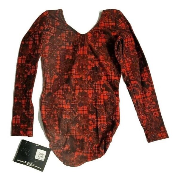 GK Elite AM Long Sleeve VTG Cotton Leotard Bodysuit Red Plaid Floral Size M, NWT - Picture 6 of 13